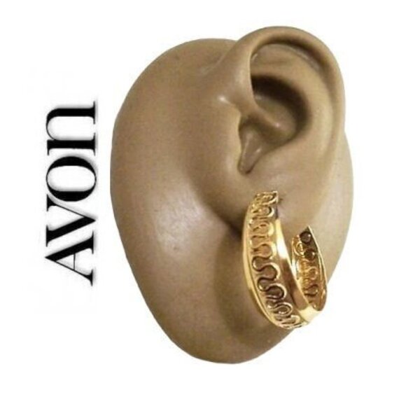 Avon Wave Lined Hoops Pierced Post Stud Earrings Gold Tone - Picture 1 of 5